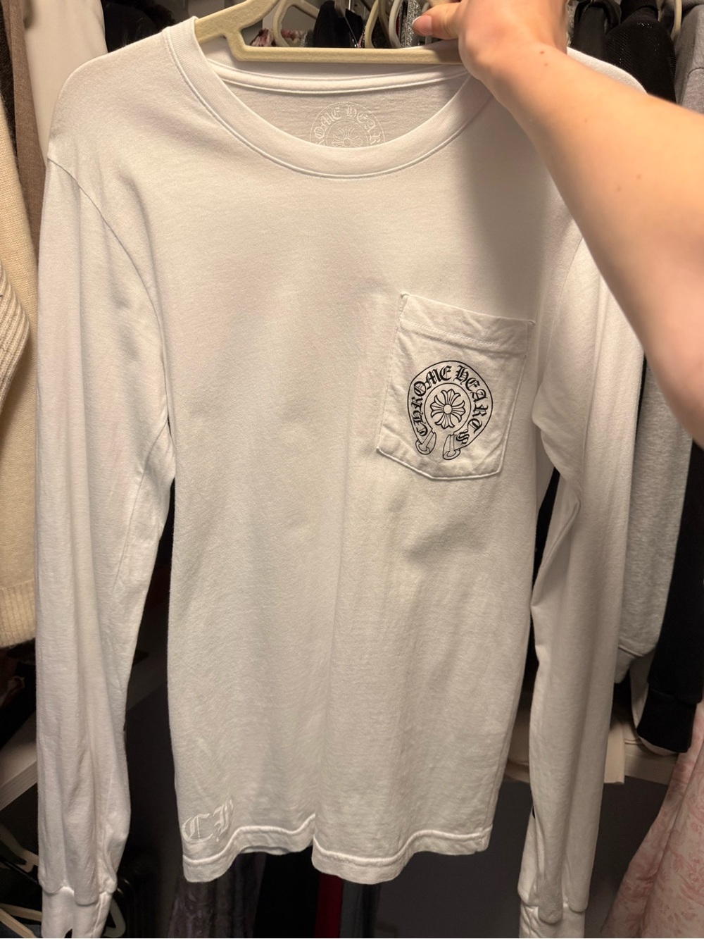 Chrome Hearts White Long Sleeve Tee with Black Pocket Logo